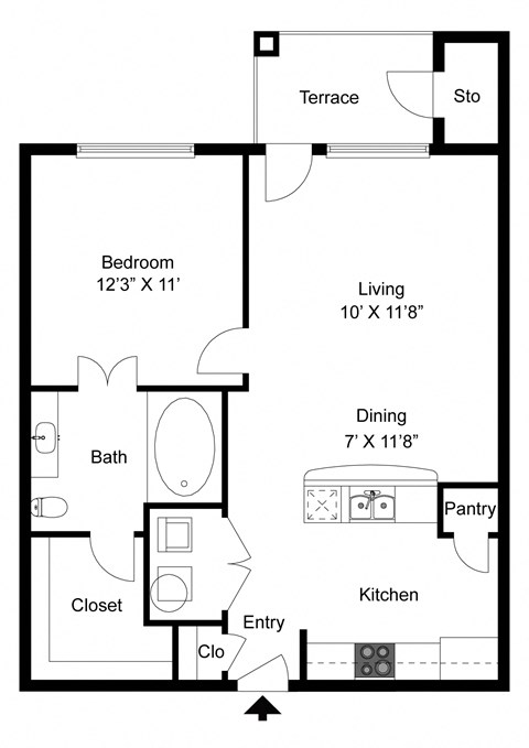 Floor plan for 1 bed, 1 bath, 642 sqft